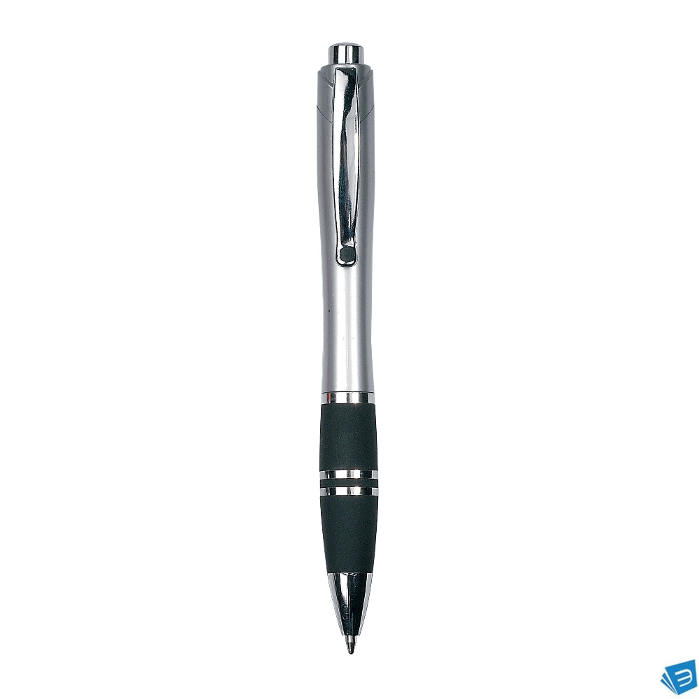 Penna a scatto in plastica con fusto colorato, impugnatura gommata e clip in metallo