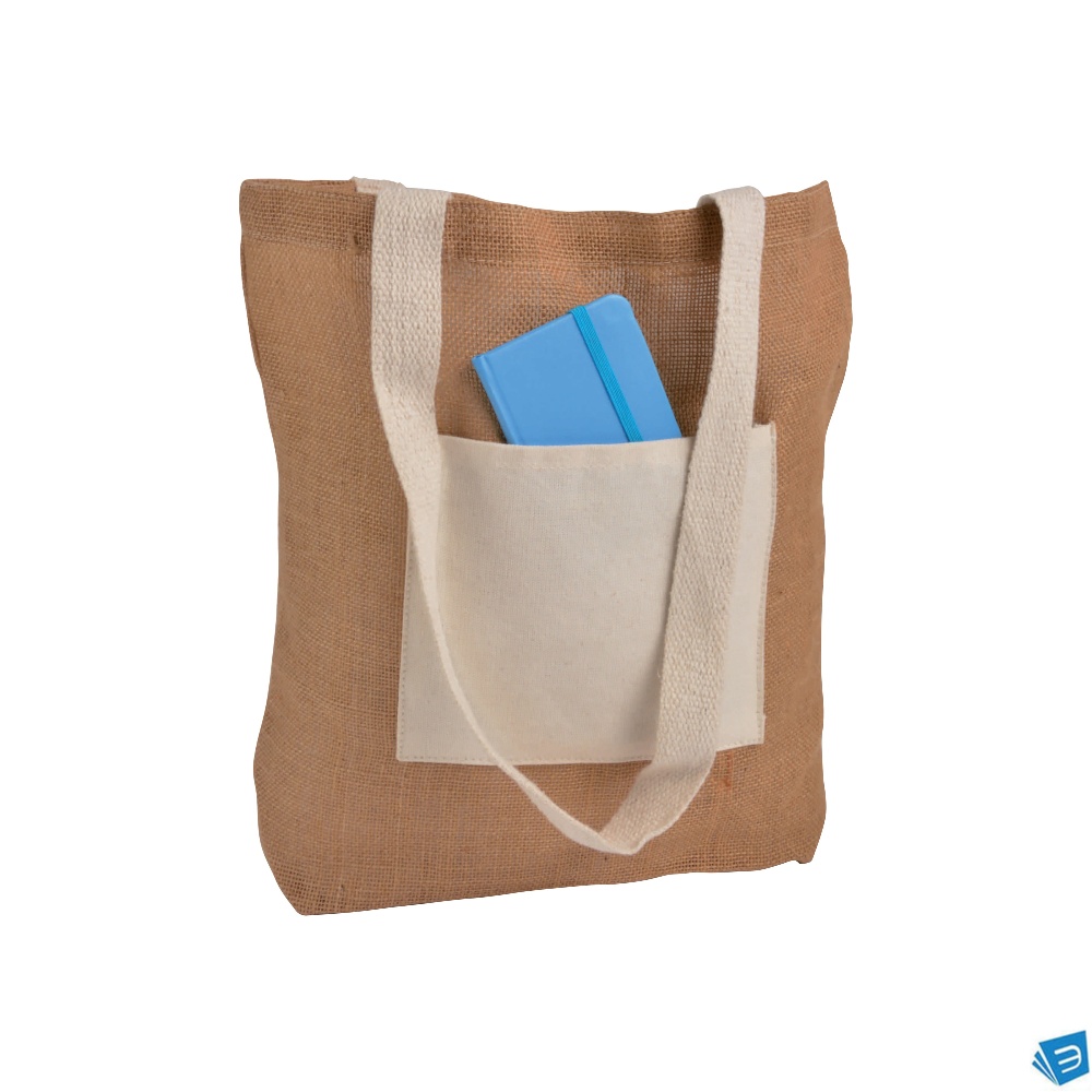 Shopper con soffietto alla base in Juta con manici e tasca esterna (18 x 15 cm) in cotone