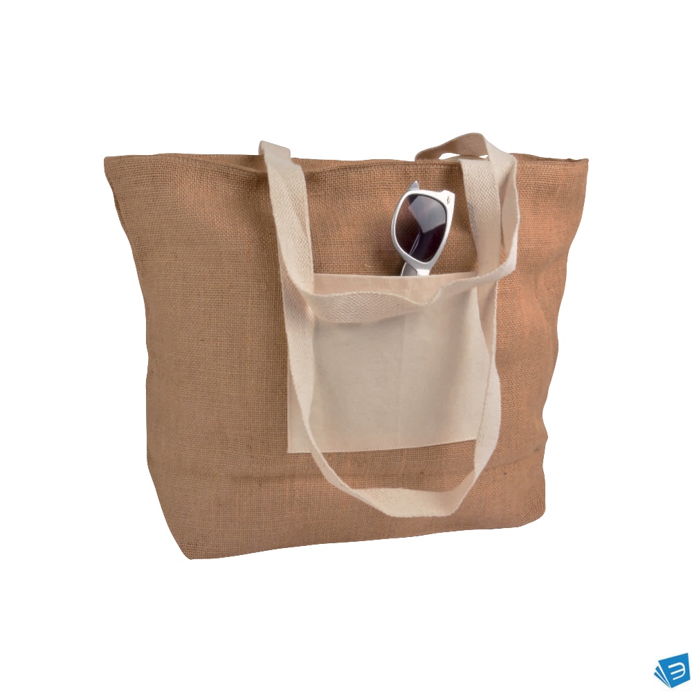 Shopper con soffietto alla base in juta con manici e tasca esterna (18 x 15 cm) in cotone