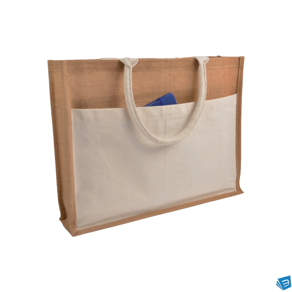 Shopper con soffietto in Juta con interno cerato, manici e  tasca esterna in cotone