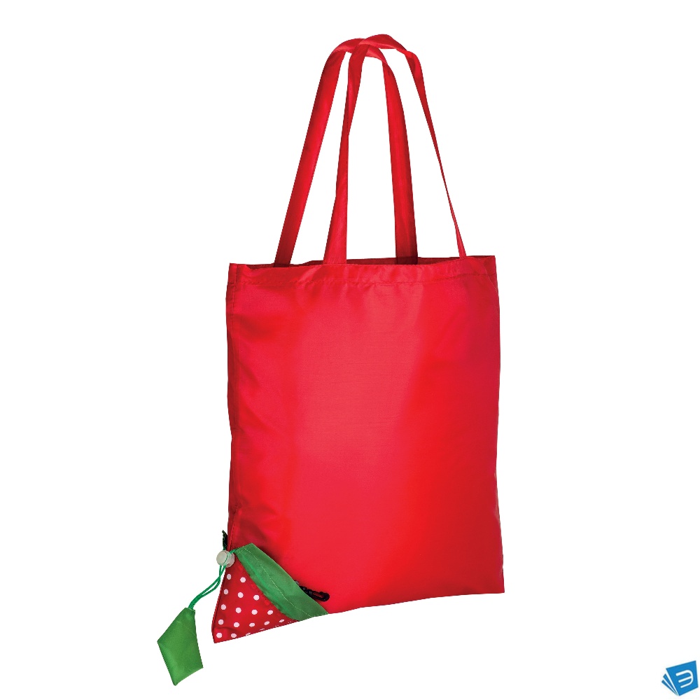 Shopper ripiegabile a forma di fragola in poliestere 190T, con foglia personalizzabile