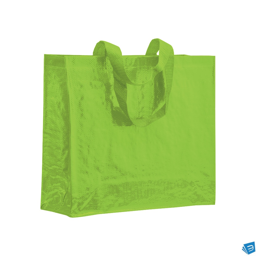 Shopper con soffietto in PP laminato 120 g/m2, manici lunghi a nastro