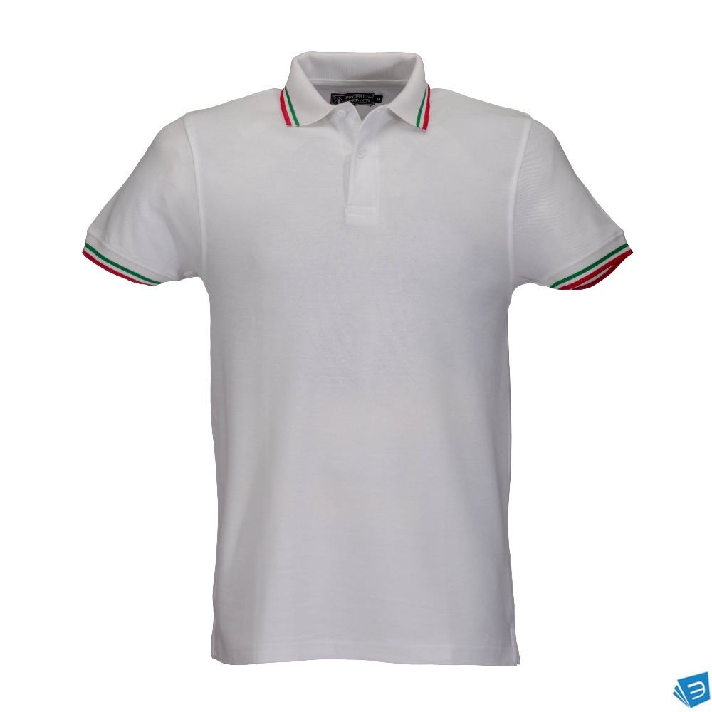 Polo a piqué di cotone 100% 180 g/m2, manica corta, bordi in tricolore