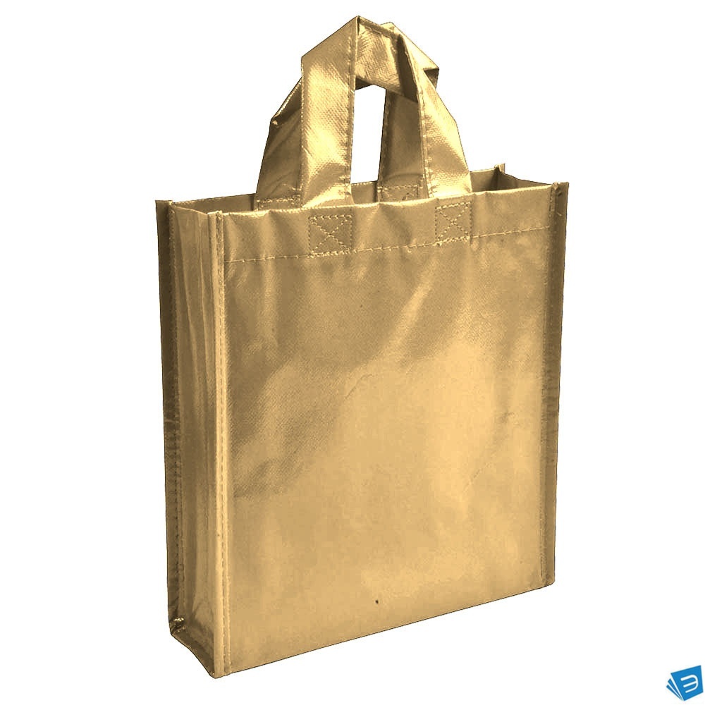 Shopper mini con soffietto in TNT laminato 100 g/m2 cucito, manici corti