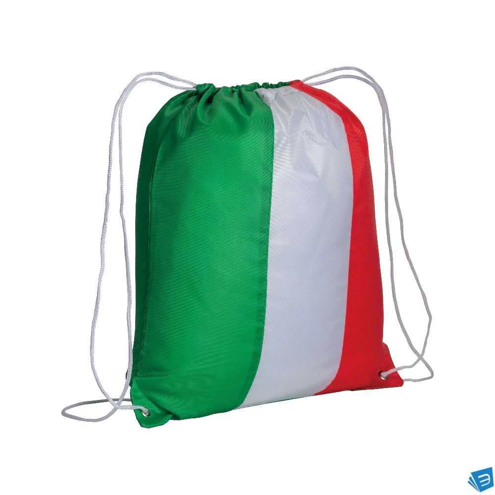 Zainetto tricolore in  poliestere 210 T con chiusura a strozzo e angoli rinforzati