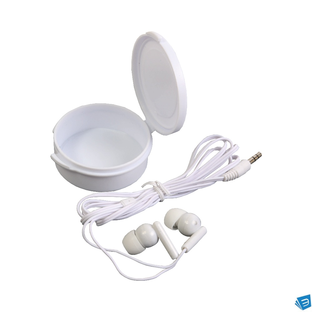 Auricolari stereo in ear in plastica in scatola rotonda personalizzabile. Jack 3,5 mm