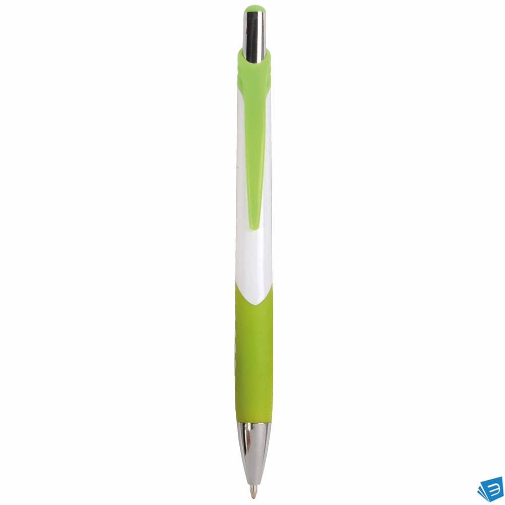Penna a scatto in plastica con fusto bianco, impugatura gommata e colorata