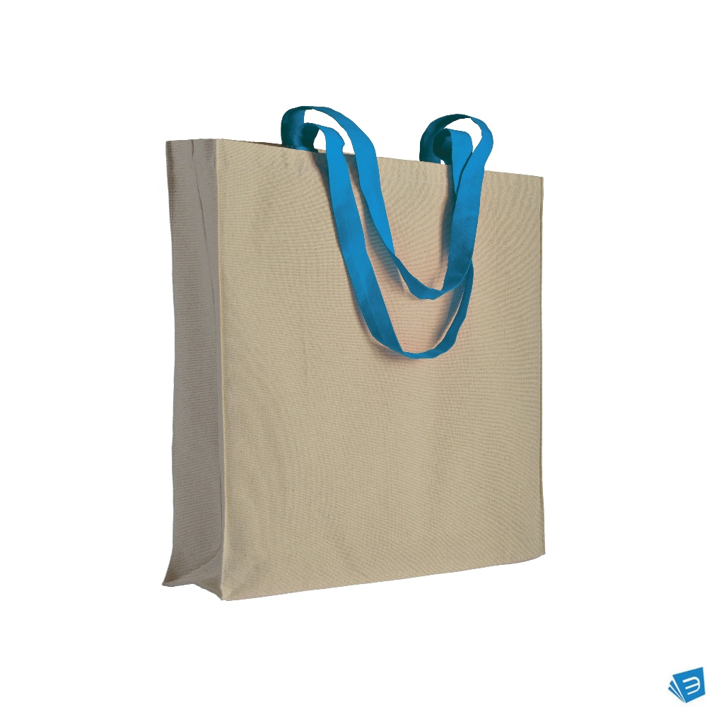 Shopper con soffietto in cotone naturale 220 g/m2, manici lunghi colorati