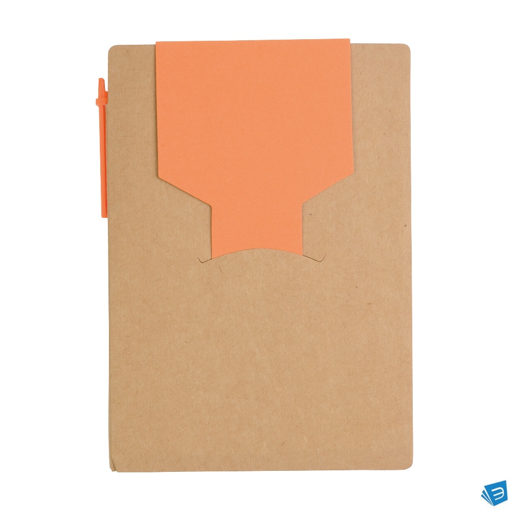 Block notes in carta riciclata, con penna in cartone e foglietti adesivi