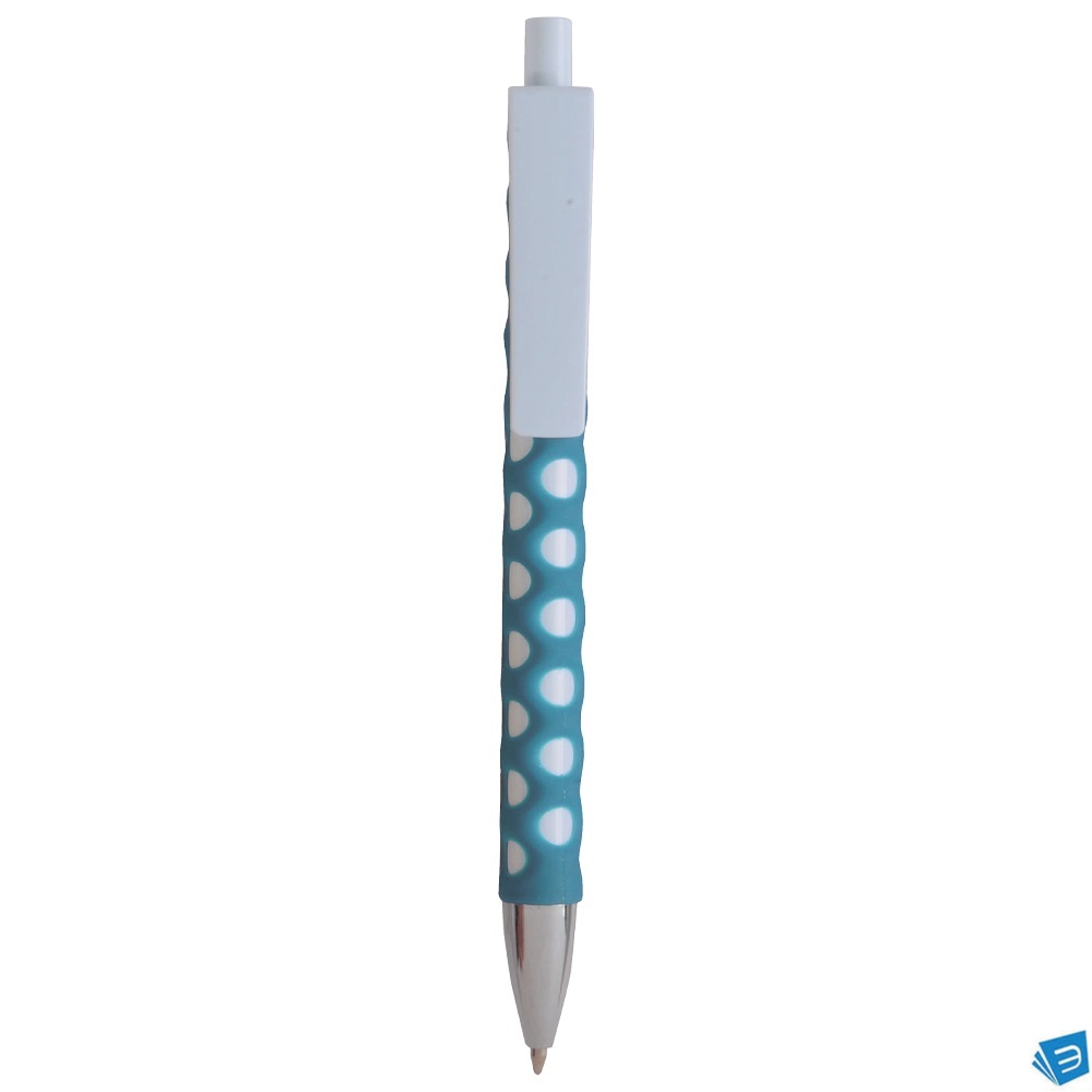 Penna a scatto in plastica con fusto, clip e pulsante bianchi, rivestimento gommato