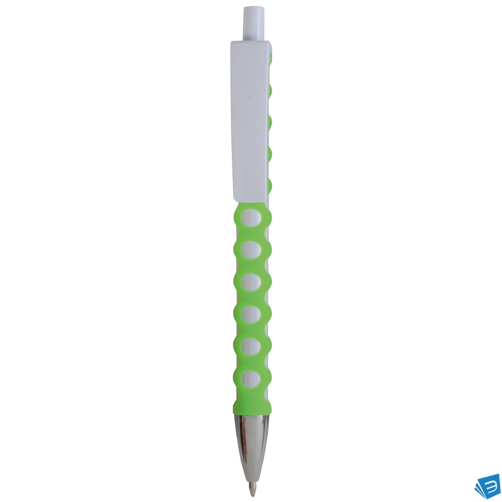 Penna a scatto in plastica con fusto, clip e pulsante bianchi, rivestimento gommato