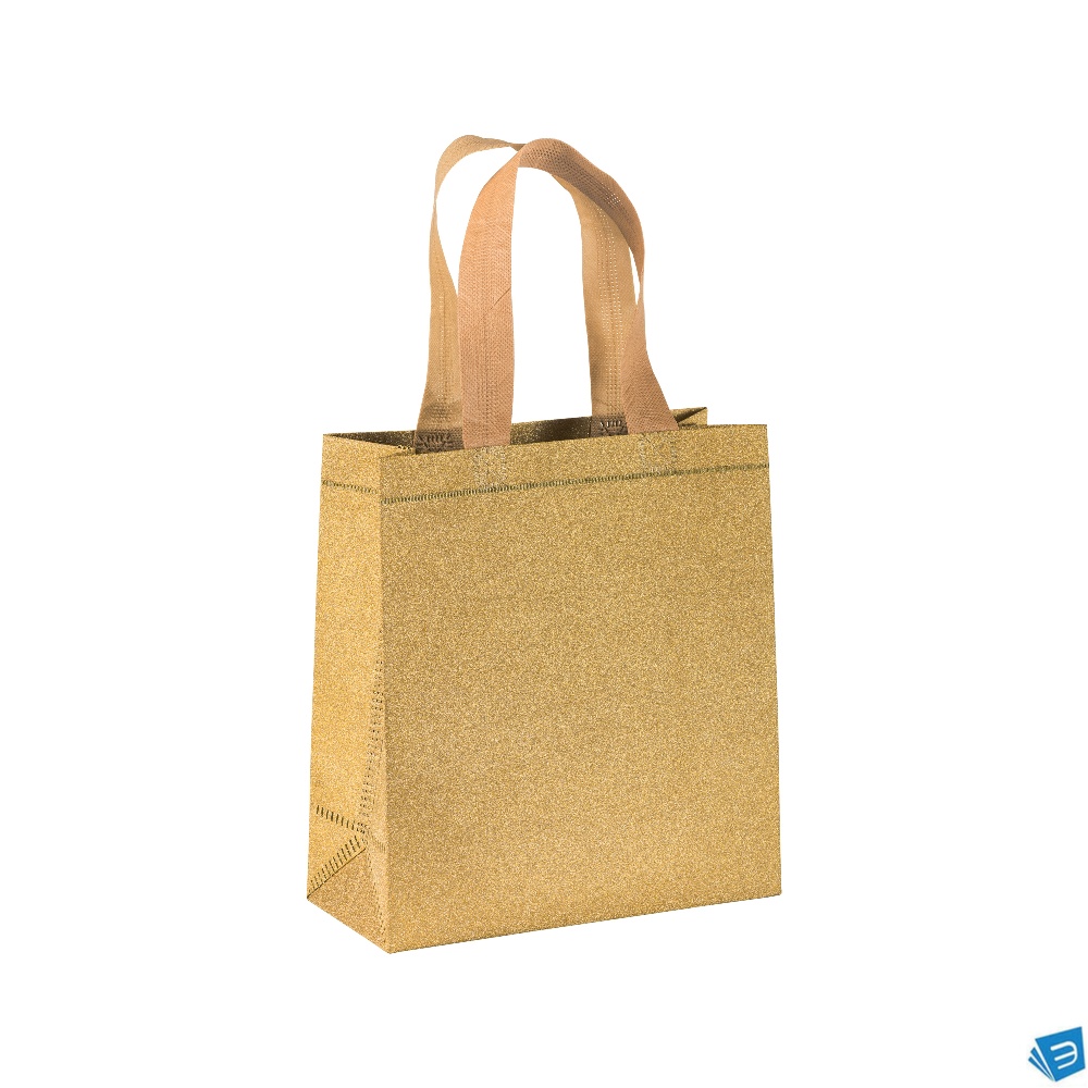 Shopper mini con soffietto in TNT laminato glitter 100 g/m2 termosaldato, manici corti