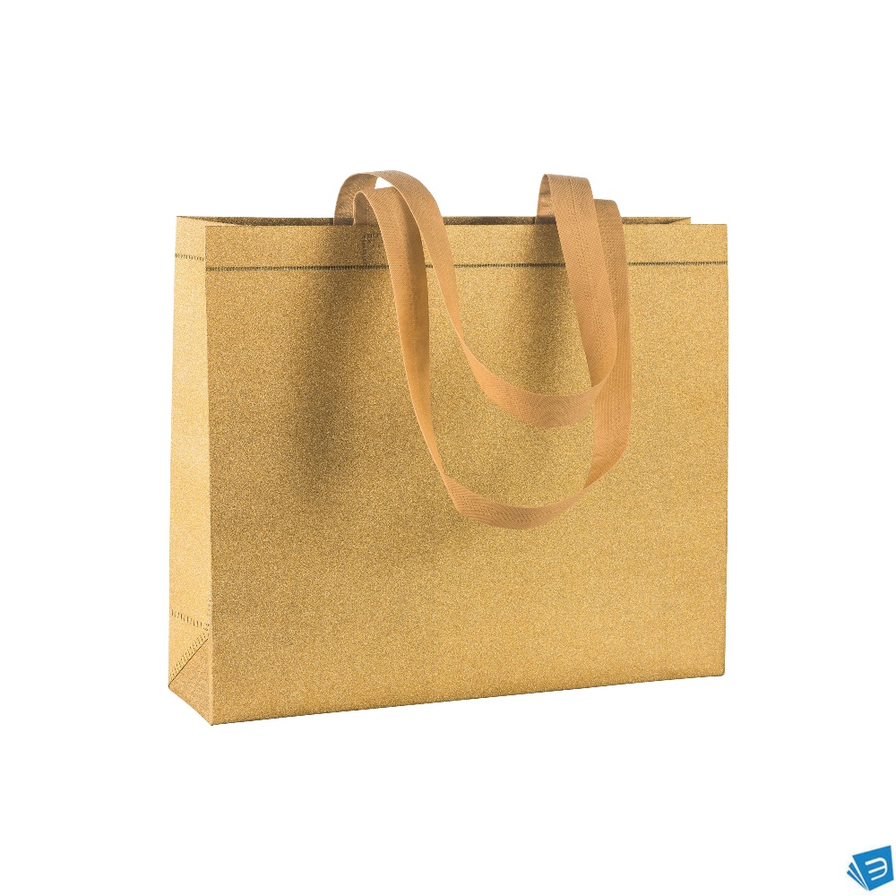 Shopper con soffietto in TNT laminato glitter 100 g/m2 termosaldato, manici corti