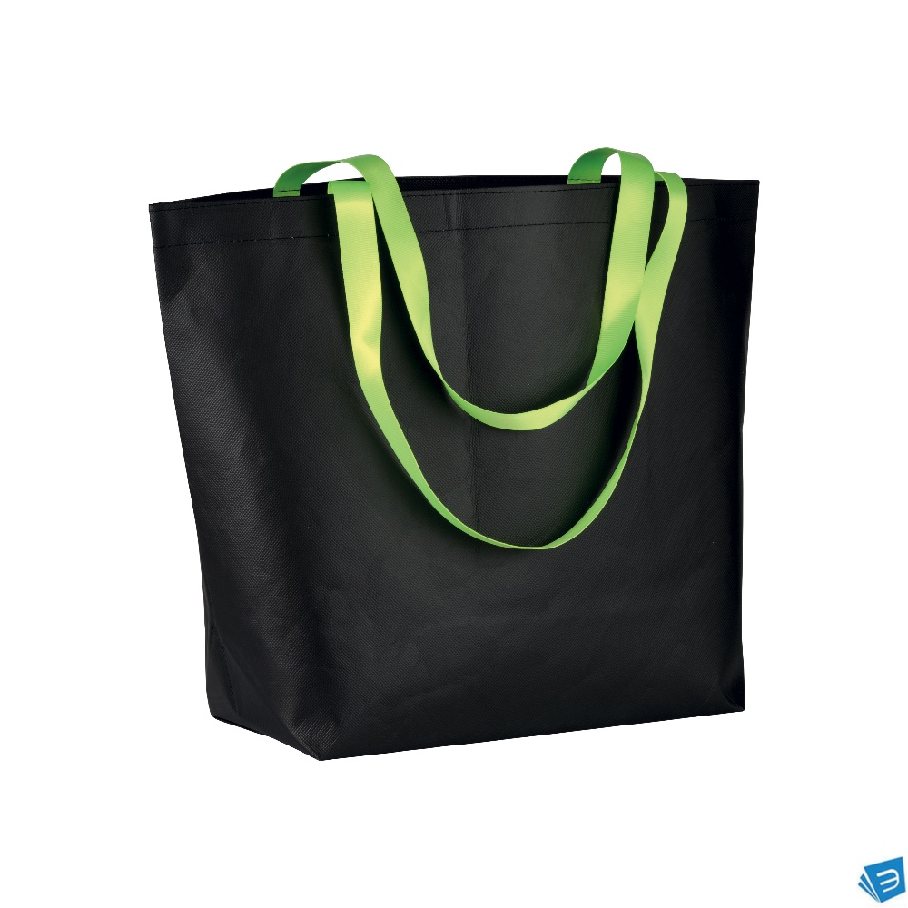Shopper con soffietto alla base in TNT laminato 100 g/m2 cucito, manici in colore fluo