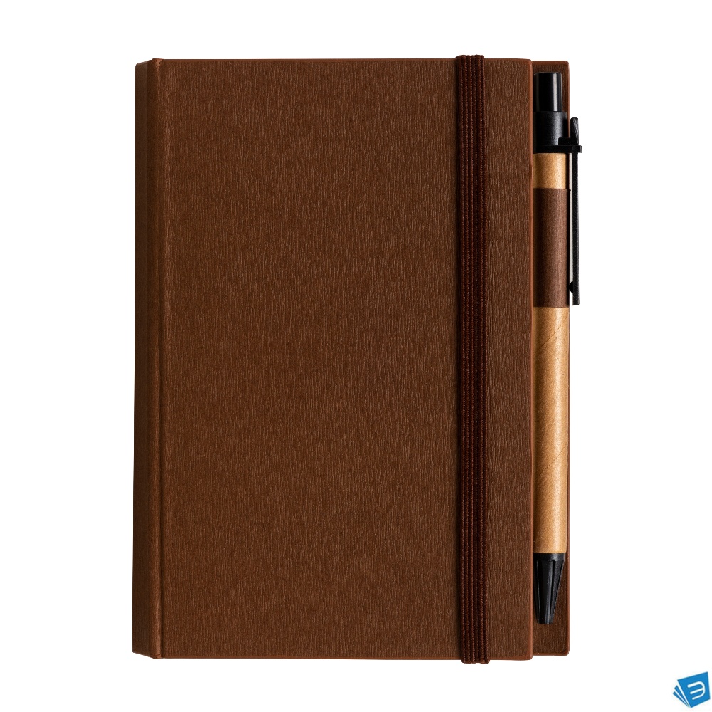 Block Notes in cartoncino con elastico colorato, penna, fogli a righe (70 pag.) e fogliett
