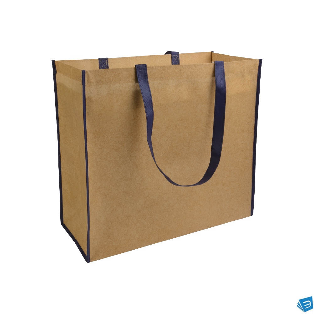 Shopper con soffietto in TNT laminato, manici lunghi a nastro colorati