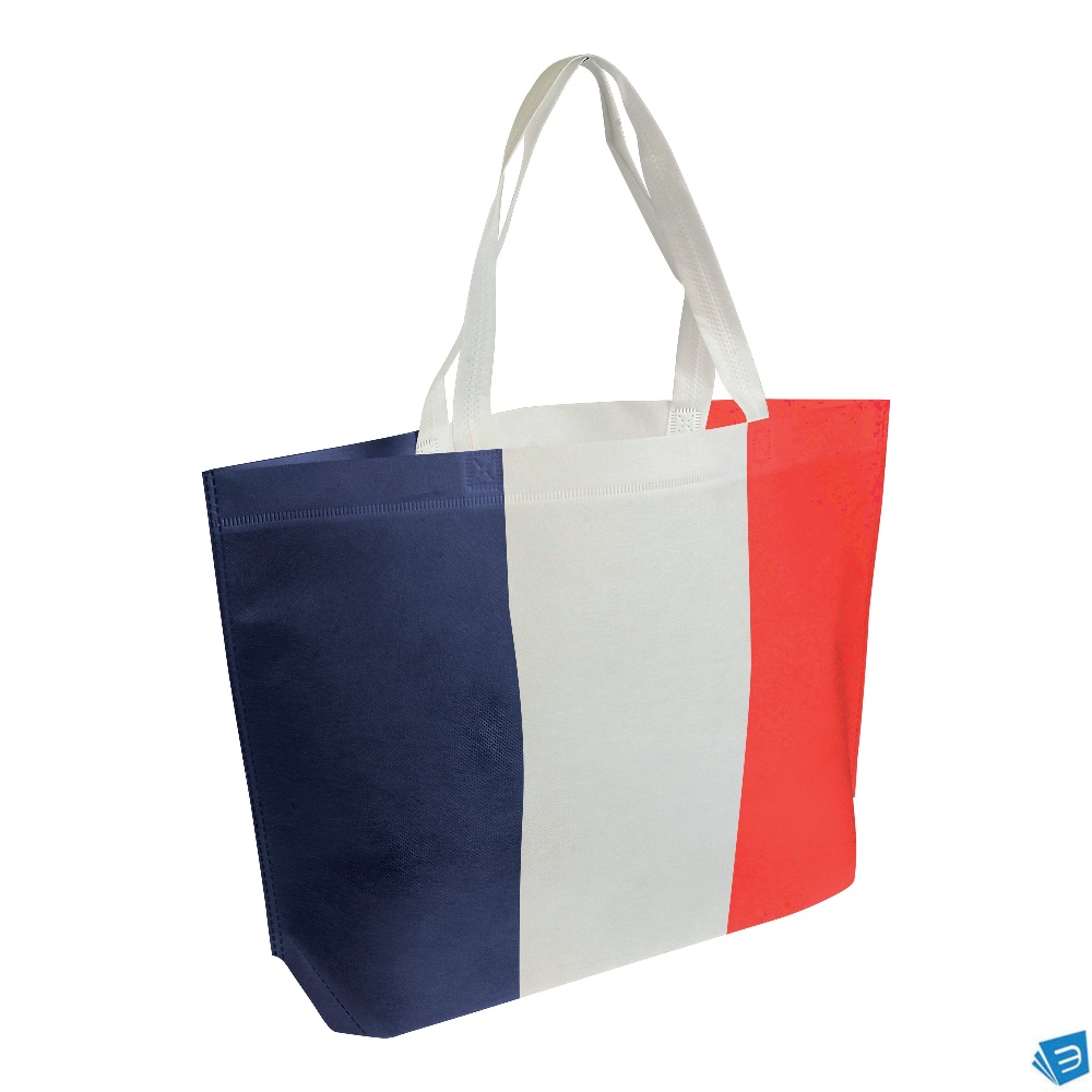 Shopper in TNT termosaldato con stampa tricolore, soffietto alla base e manici lunghi