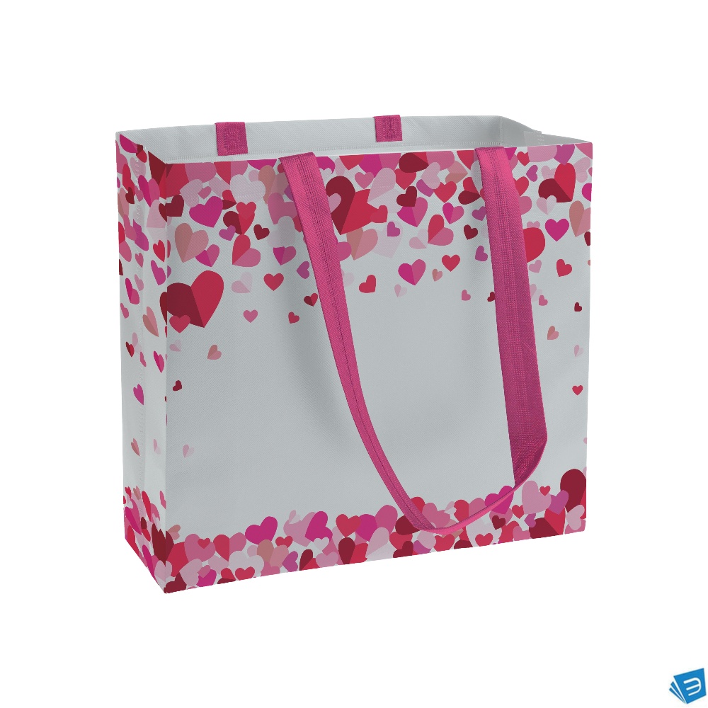 Shopper in TNT laminato con stampa a tema, manici lunghi e soffietto