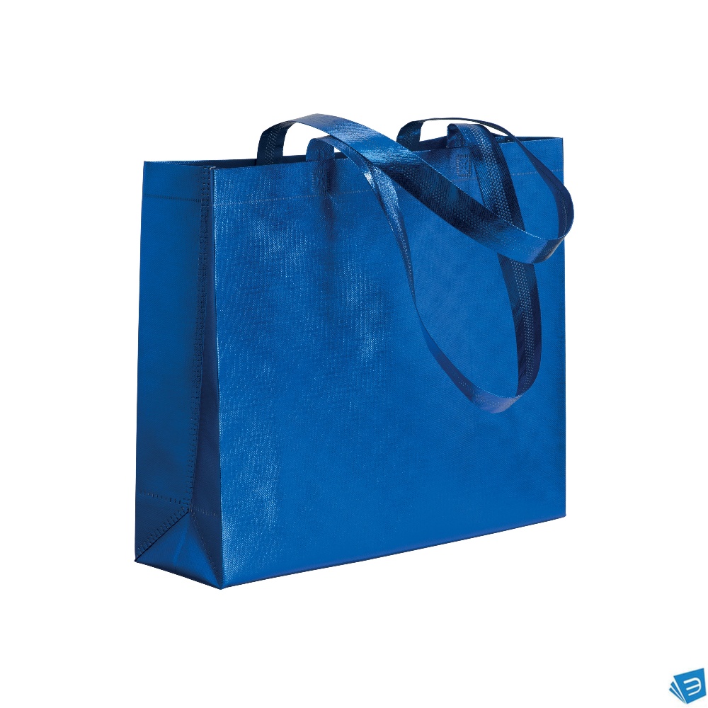 Shopper in TNT laminato metallizzata, manici lunghi e soffietto