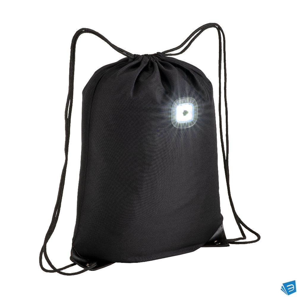 Zainetto in poliestere 300T con luce LED COB, angoli rinforzati.