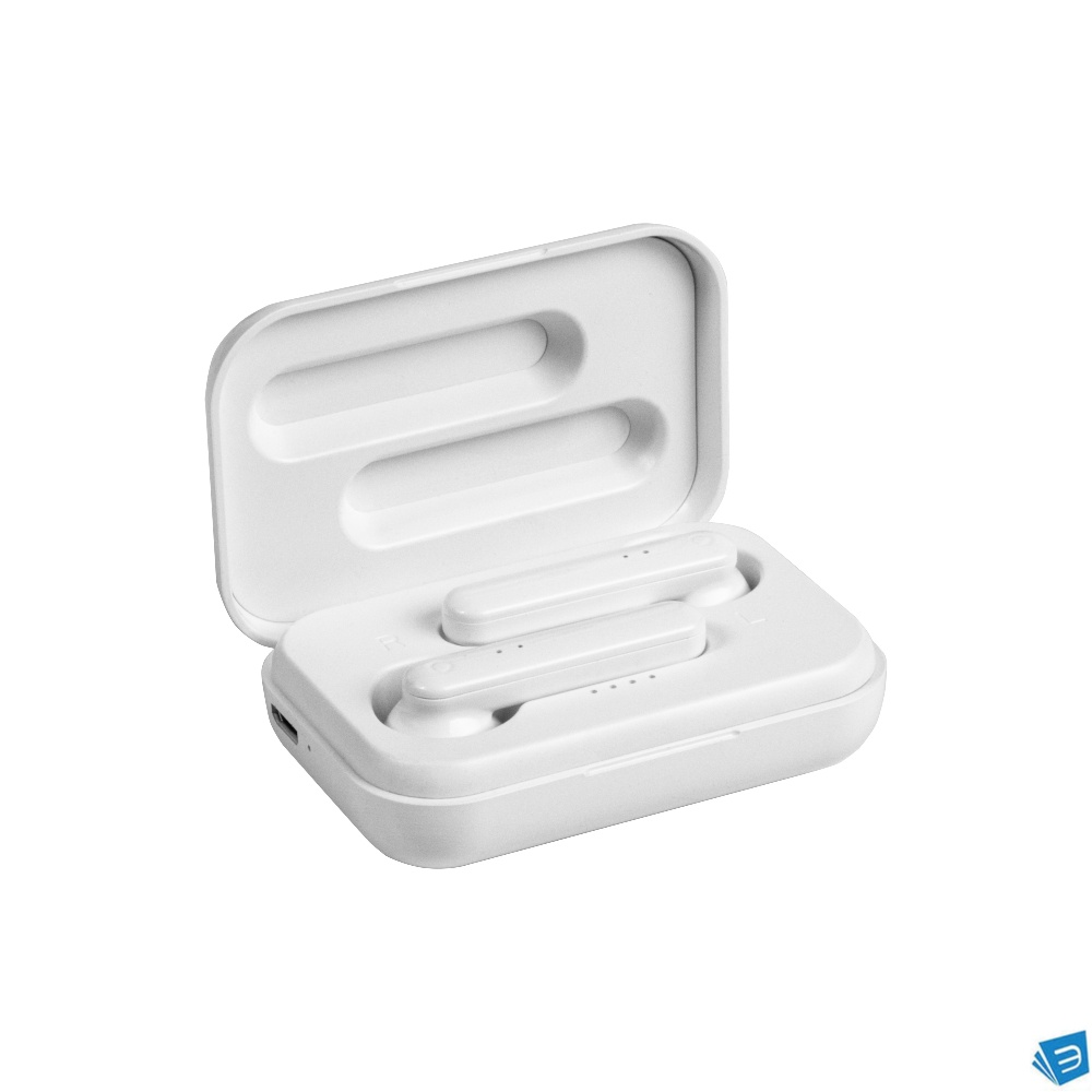 Auricolari bluetooth con scatola di ricarica e cavo di ricarica micro USB incluso.