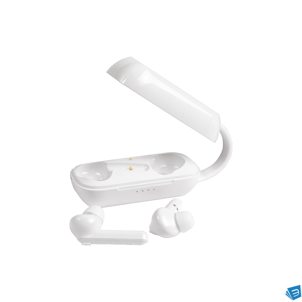 Auricolari bluetooth con scatola di ricarica e cavo di ricarica micro USB incluso.