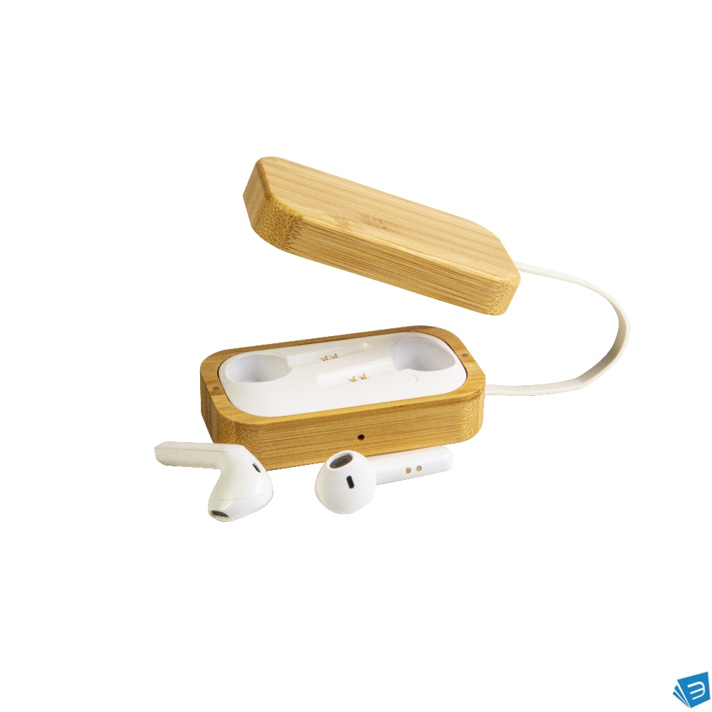 Auricolari bluetooth con scatola di ricarica in bambù e cavo di ricarica micro USB incluso