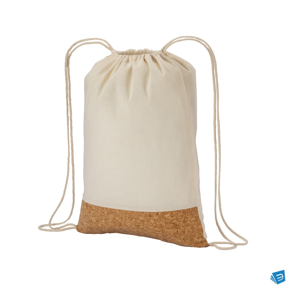 Zainetto in cotone 135 g/m2 con chiusura a strozzo,  base in sughero