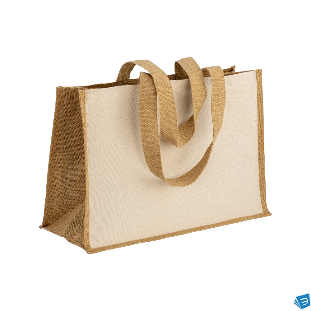 Shopper in cotone 280 g/m2 con soffietto, retro, manici e orlo in juta, manici lunghi