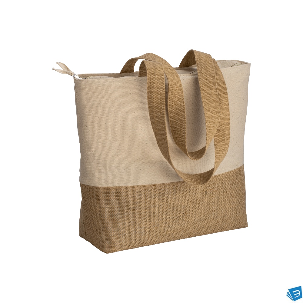 Shopper  in cotone 280 g/m2 con soffietto, con base in juta, manici lunghi