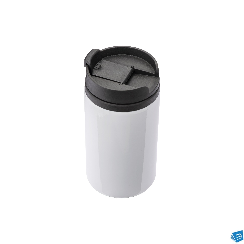 Tazza in metallo con interno, manico e tappo in plastica. Adatta per la stampa sublimatica