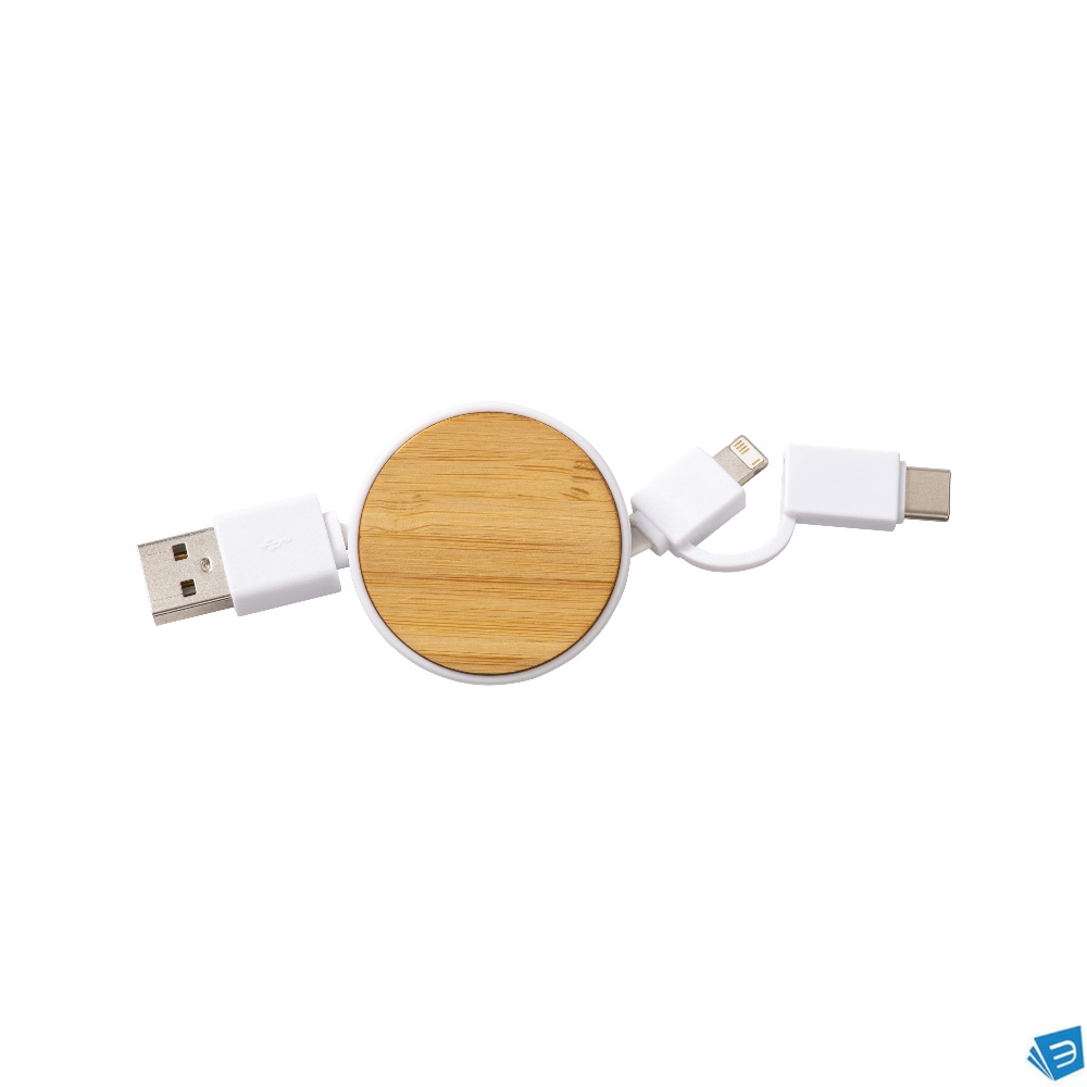 Cavo retrattile in bambù con adattatore USB-type C/lightning/microUSB .
