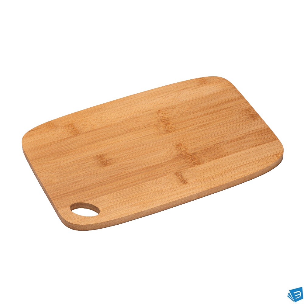 Tagliere da cucina in bambù con angoli arrotondatie foro per essere appeso.