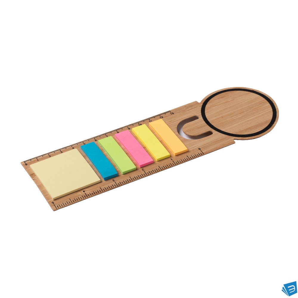 Righello segnalibro in bambù. Include 25 post-it medi e 125 post-it mini