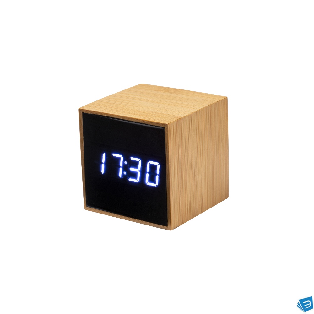 Orologio sveglia e display temperatura a LED bianco, in bambù