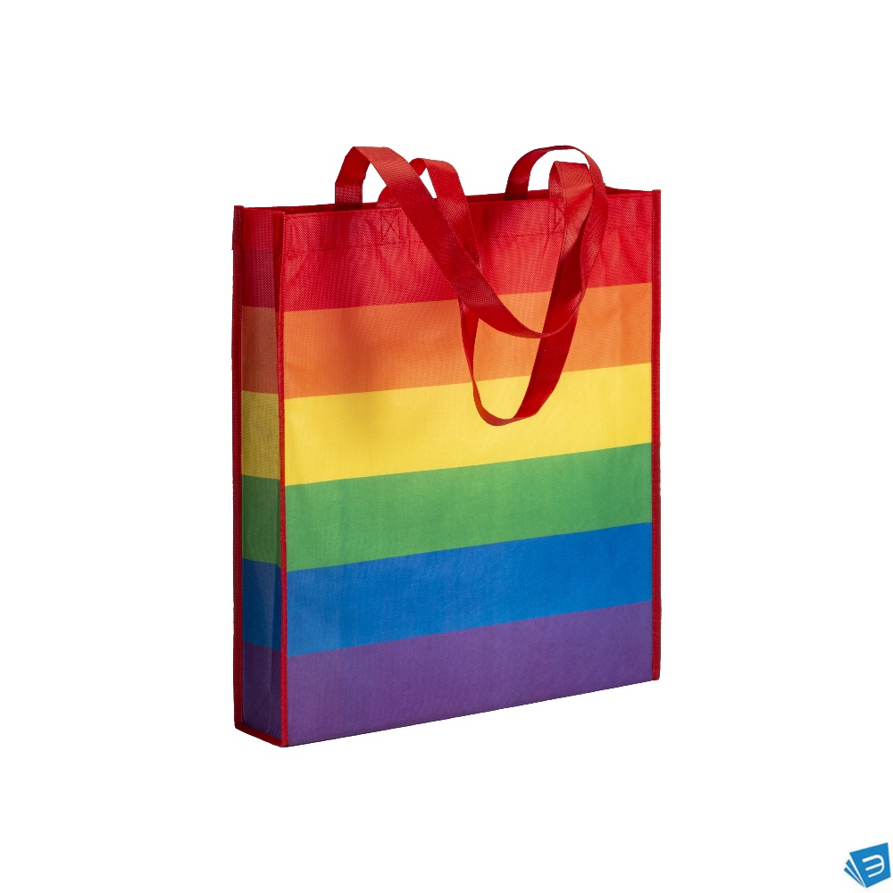 Shopper arcobaleno in r-pet  80g/m2, manici lunghi e soffietto