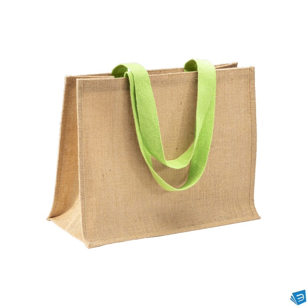 Borsa in juta, manici lunghi colorati e soffietto
