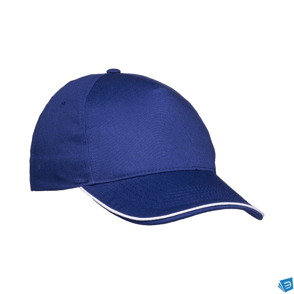 Cappellino in cotone 5 pannelli, visiera sandwich in contrasto con chiusura con velcro
