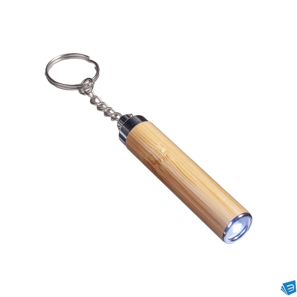 Torcia  LED in bamboo con anello portachiavi, 3 batterie LR41 incluse