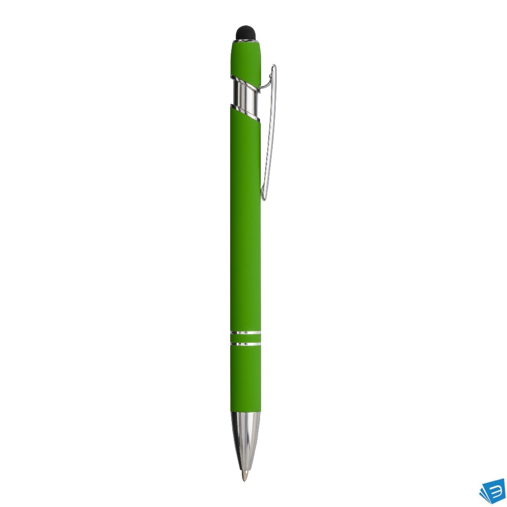 Penna a scatto in alluminio gommato con gommino per touch screen e clip in metallo