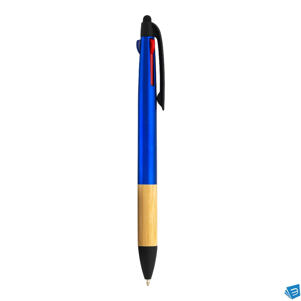 Penna a scatto in plastica con 3 refill, con gommino per touch screen, impugnatura in bamb