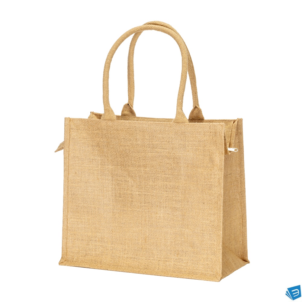 Borsa in juta con manici in cotone. Dotata di chiusura a zip
