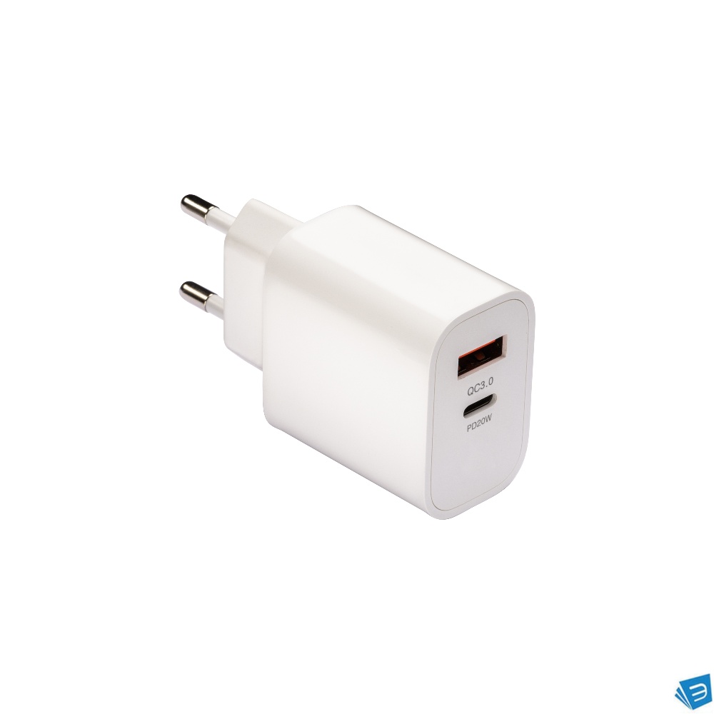 Caricabatterie USB in ABS con 1 porta USB A e 1 porta USB-C. spina europea a 2 poli