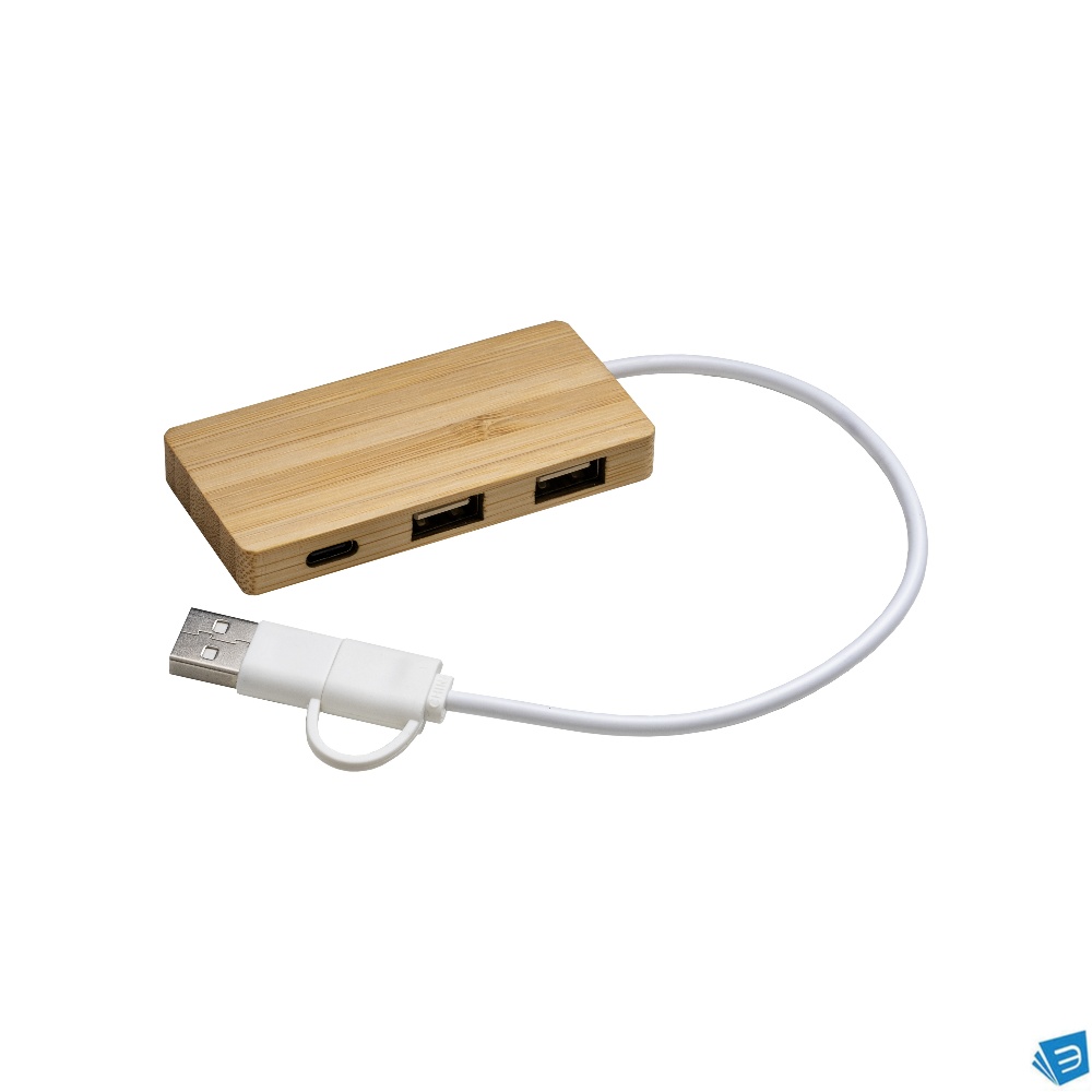 Hub  USB in bambù con 2 porte USB A e una porta type C, cavo integrato USB A e USB C