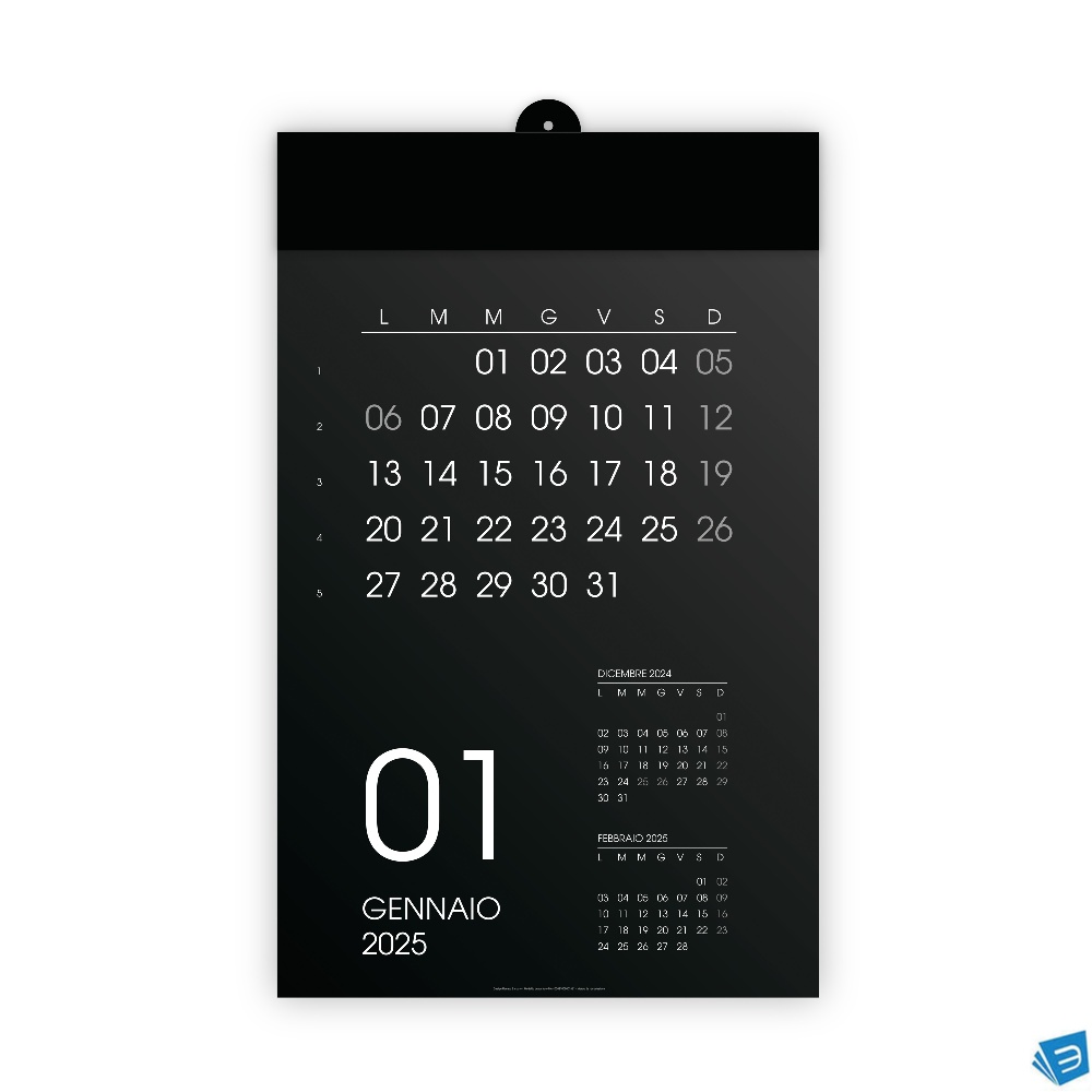 Calendario mensile da parete 2025, 12 mesi, su cartoncino bianco o nero, termosaldato