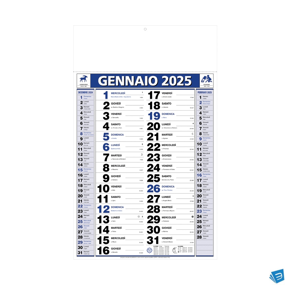 Calendario 2025 da muro mensile, 12 fogli, su carta patinata, termosaldato
