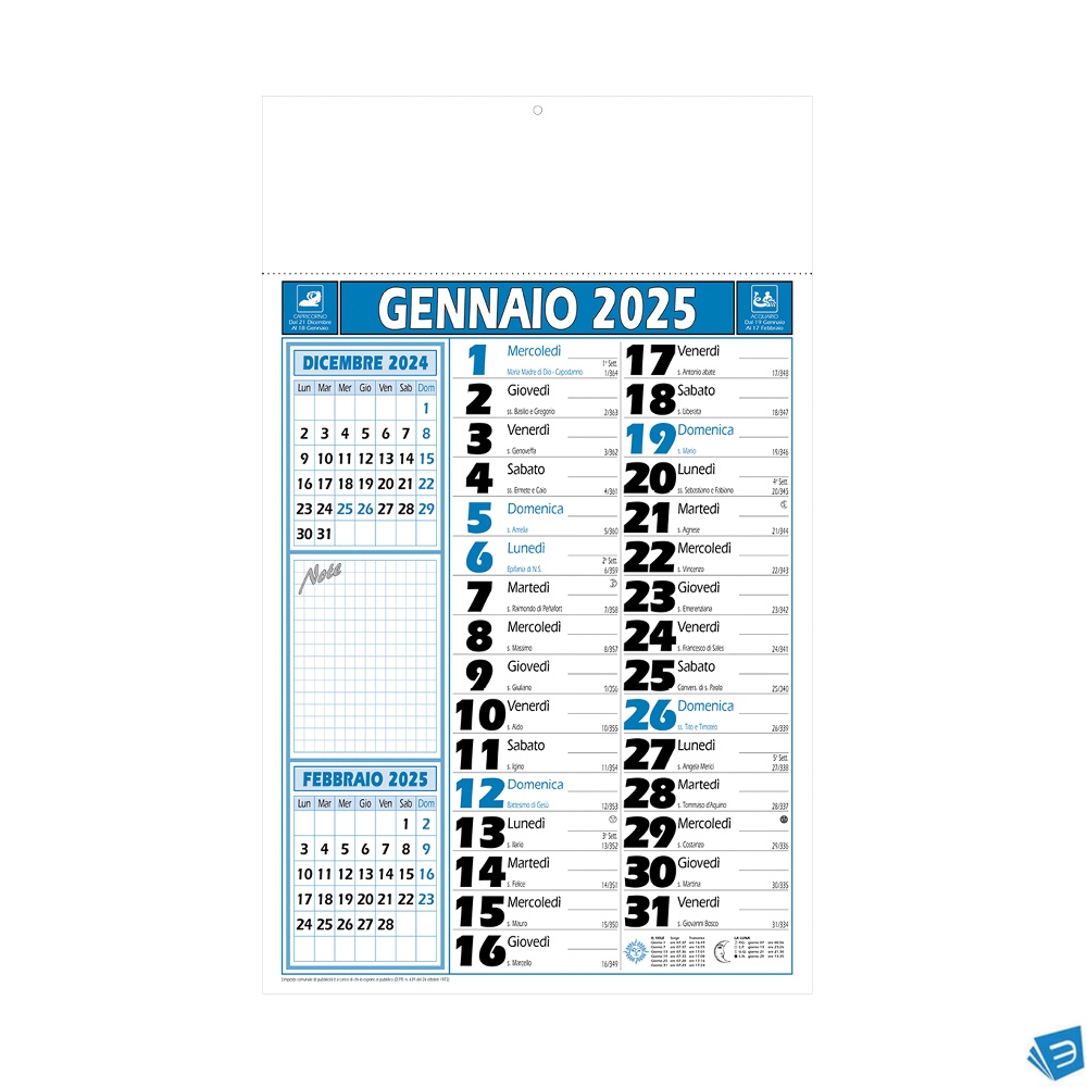 Calendario 2025  da muro mensile, 12 fogli, su carta patinata, termosaldato