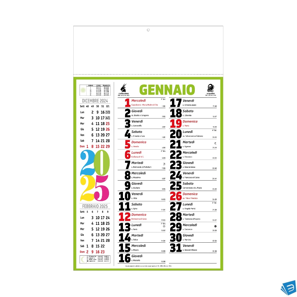 Calendario 2025  da muro mensile, 12 fogli, su carta patinata, termosaldato