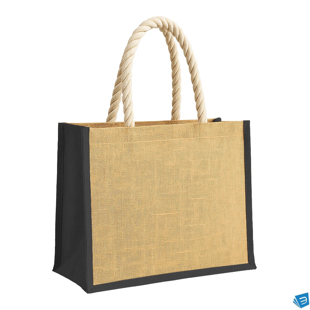 Borsa in juta con manici lunghi in corda e inserti colorati. Con soffietto